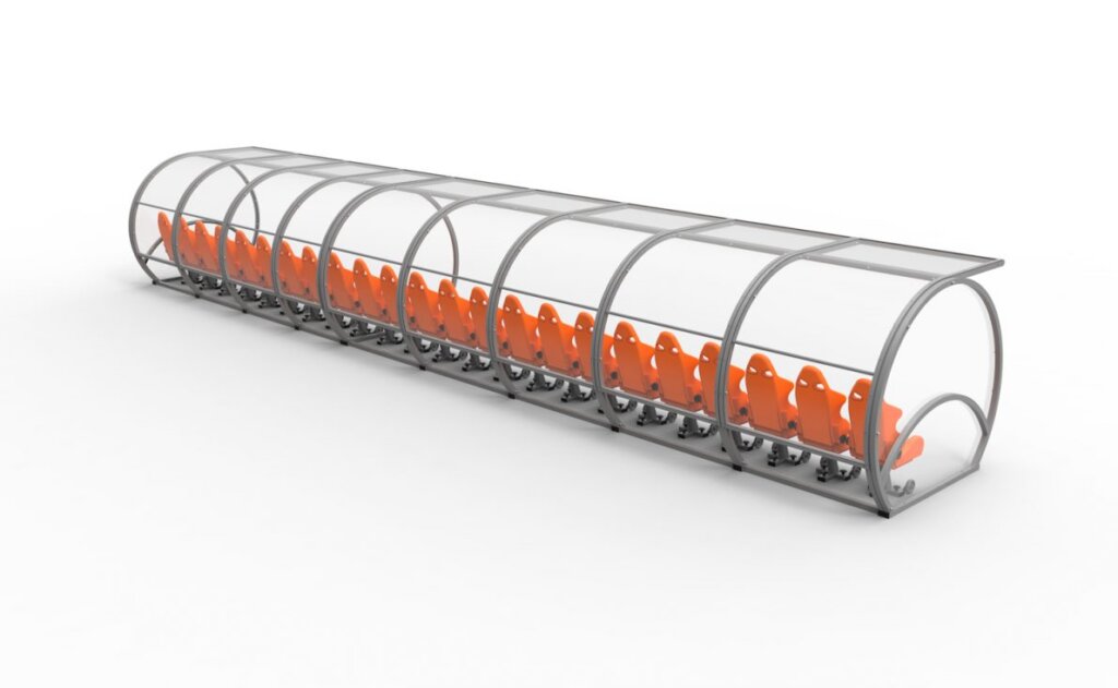 Rendu 3D de dos d’un banc de touche montrant la paroi arrière transparente et les sièges orange