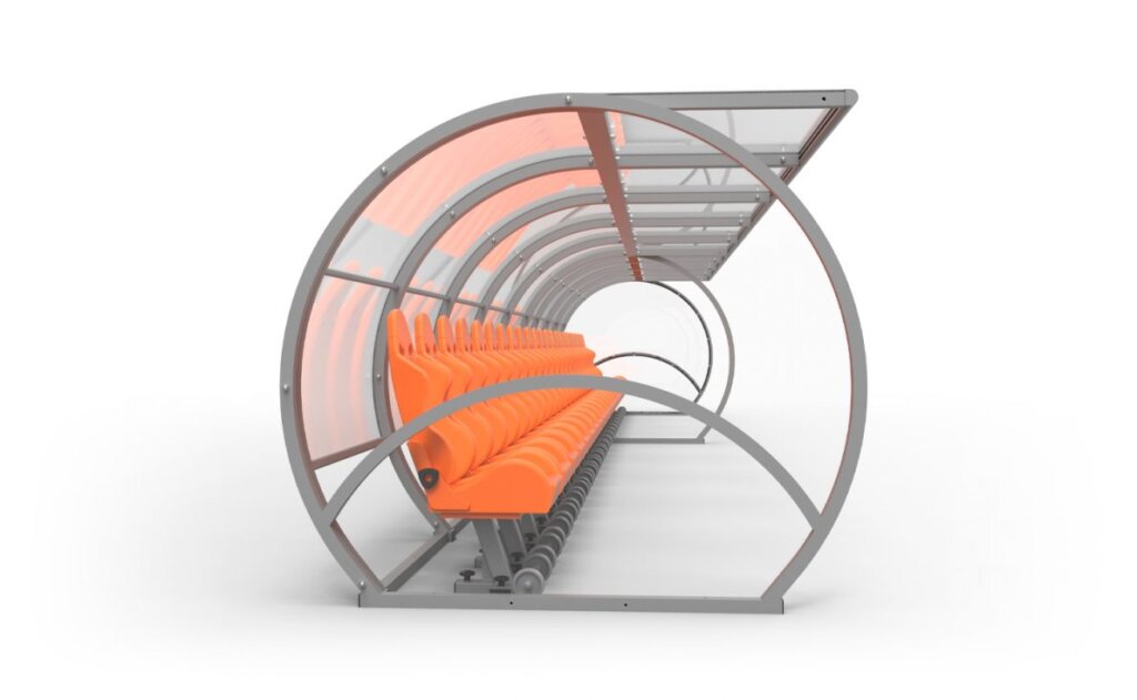 Rendu 3D de profil d’un banc de touche à coque transparente équipé de sièges orange